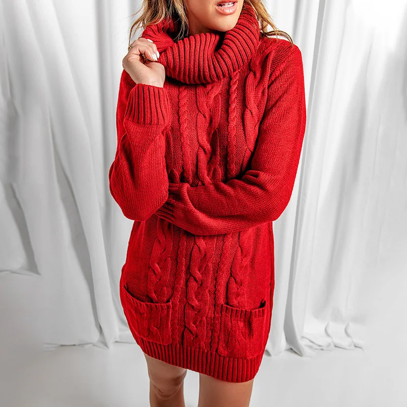

Winter New Solid Color Pullover High Neck Long Sleeve Knitted Women's Dress