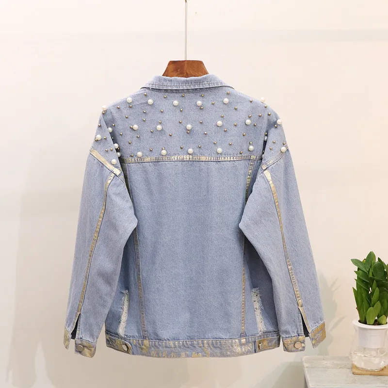 Женская джинсовая куртка с отложным воротником демисезонная уличная люрексом и