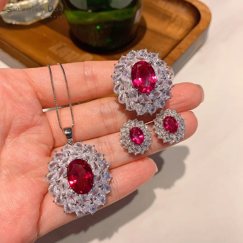 

Serenity Day Sparkling Zircon Simulated Ruby Gemstone Necklace Earrings Rings Jewelry Set Women Wedding Engagement Jewelry Sets