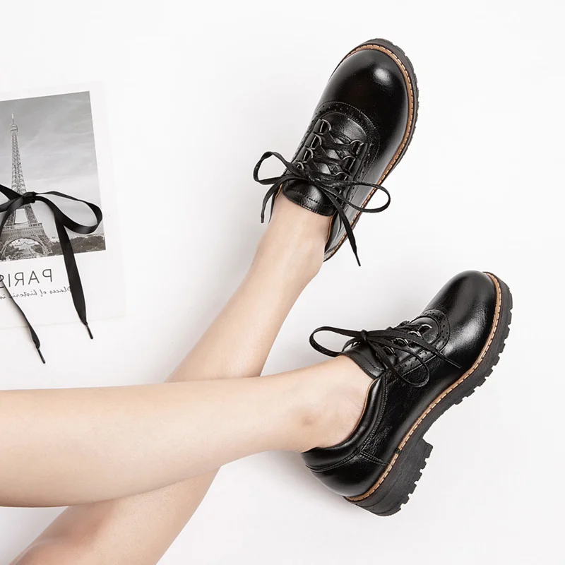 

Korean Harajuku Style Lolita Shoes College Japanese Mori girl Cosplay jk uniform Heavy-Bottomed black vintage British shoes