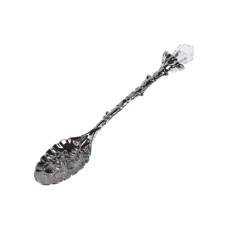 

4 Colors Zinc Alloy Small Coffee Spoon Fashion Vintage Carved Flower Crystal Fruit Dessert Sppons Home Party Supplies