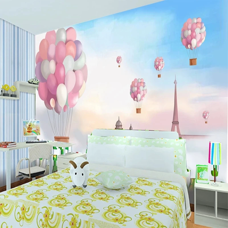 Custom 3D Poster Cartoon Children Room Decoration Pink Hot Balloon Wall Mural Girls Bedroom Self Adhesive Wallpaper Waterproof |