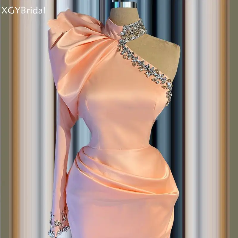 

Saudi Arabia Crystals Evening Dresses Elegant One Shoulder Dubai Party Dress Robe De Soiree Long Pink Formal Prom Gowns Vestido
