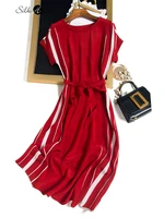 red and white contrast short sleeve mulberry silk medium length dress summer beach resort skirt