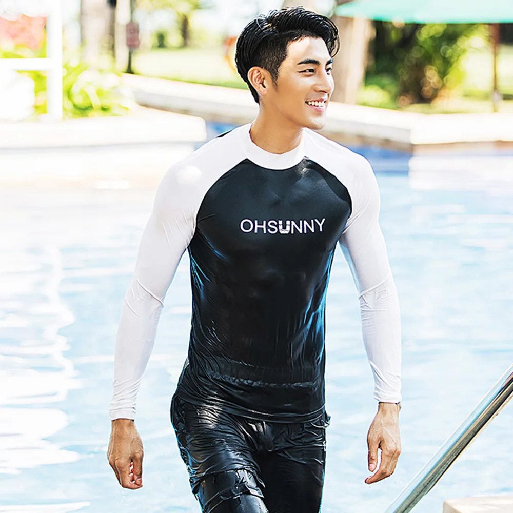 

OhSunny Men Running Fitness T-Shirt Anti-UV Rash Guard Quick Dry Patchwork Training Sports Gym Surfing Diving Tops Tees Swimwear