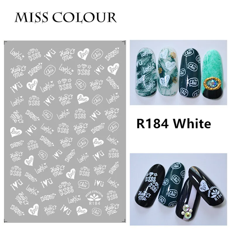 1 лист ногтей Стикеры клей ручной записи английские слова буквы серебристо белый