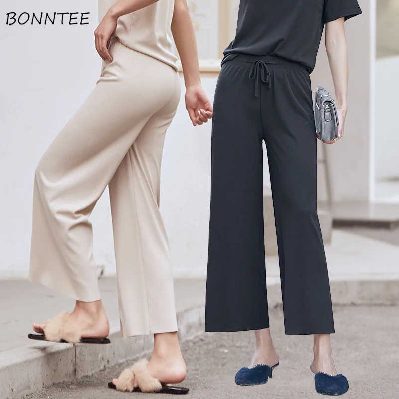 

Брюки Женские однотонные с высокой талией, подходящие ко всему брюки в Корейском стиле с карманами и кулиской, мягкие женские прямые свобод...