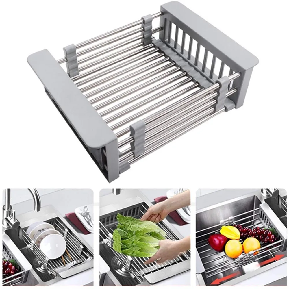 

Expandable Stainless Steel Dish Drying Dish Rack with Adjustable Arms Holder Functional Tableware Drain Basket Retractable Sink