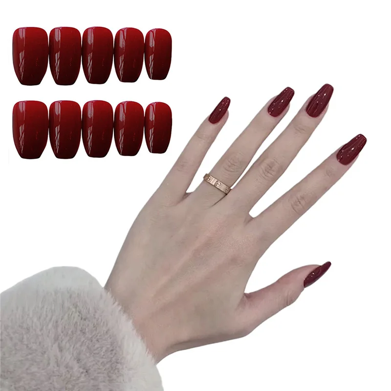

Искусственные ногти с клеем, 24 шт., Модные накладные ногти винно-красного цвета, квадратные Длинные съемные ногти с клеем DL