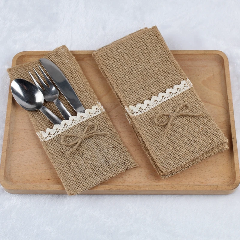 

24pcs Hessian Burlap Wedding Tableware Pouch Cutlery Holder wedding Decoration Favor Rustic Vintage Wedding centerpieces