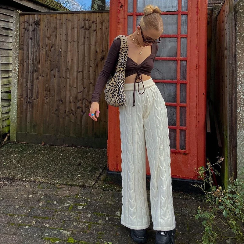 

Fashion Casual Loose Knit White Pants Spring High Waist Trousers Ladies Elegant Retro Jogger Women Streetwear Wide Leg Pants