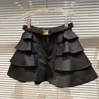 mini skirts women 2021 summer new elegant buckle belt multi layer cake skirt female lady all match black jupe femme