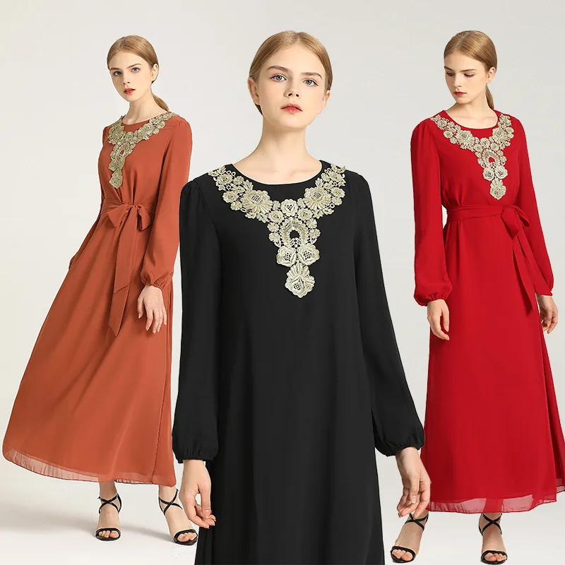 

Muslim Women Long Sleeve Dubai Dress Maxi Abaya Jalabiya Islamic Dress Clothing Robe Kaftan Moroccan Fashion Embroidey 2021 New