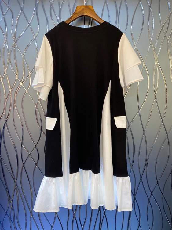 

2021 spring and summer new women's round neck color matching fashion short sleeve fake two piece dress 311