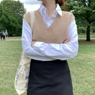 Женский жилет, вязаный свитер, осень 2022, однотонный свободный свитер, вязаный жилет, женская верхняя одежда с V-образным вырезом, Офисная модная одежда 10974