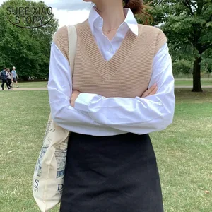 Женский жилет, вязаный свитер, осень 2022, однотонный свободный свитер, вязаный жилет, женская верхняя одежда с V-образным вырезом, Офисная модная одежда 10974