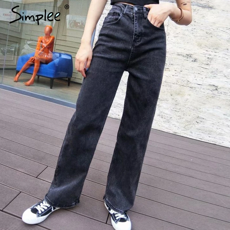 Simplee Высокая талия женскoе чернoе брюк узкие свободные джинсы Джинсовые