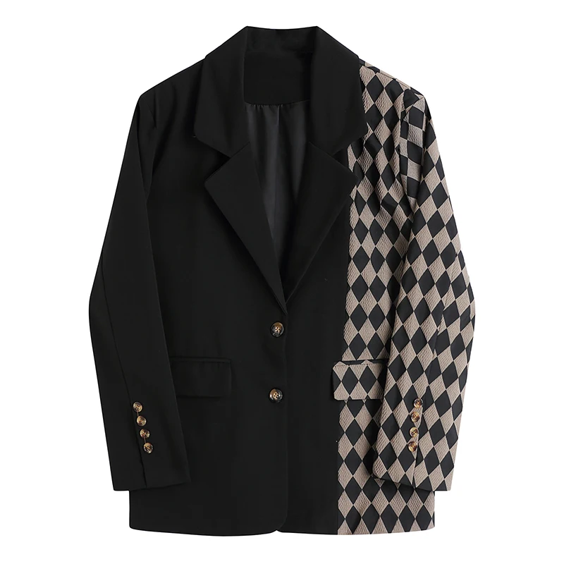 Korea Blazer Vintage Stylish Patchwork Office Lady Streetwear Argyle Coat Women Chic Tops Long Sleev