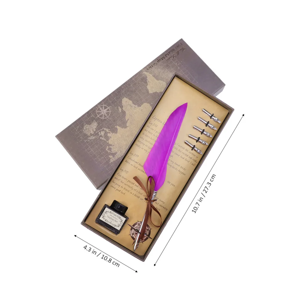 

1 Set Retro Feather Pen Classic Beautiful Feather Decor Pen Gift with A Box of Ink for Office Store (Brown)