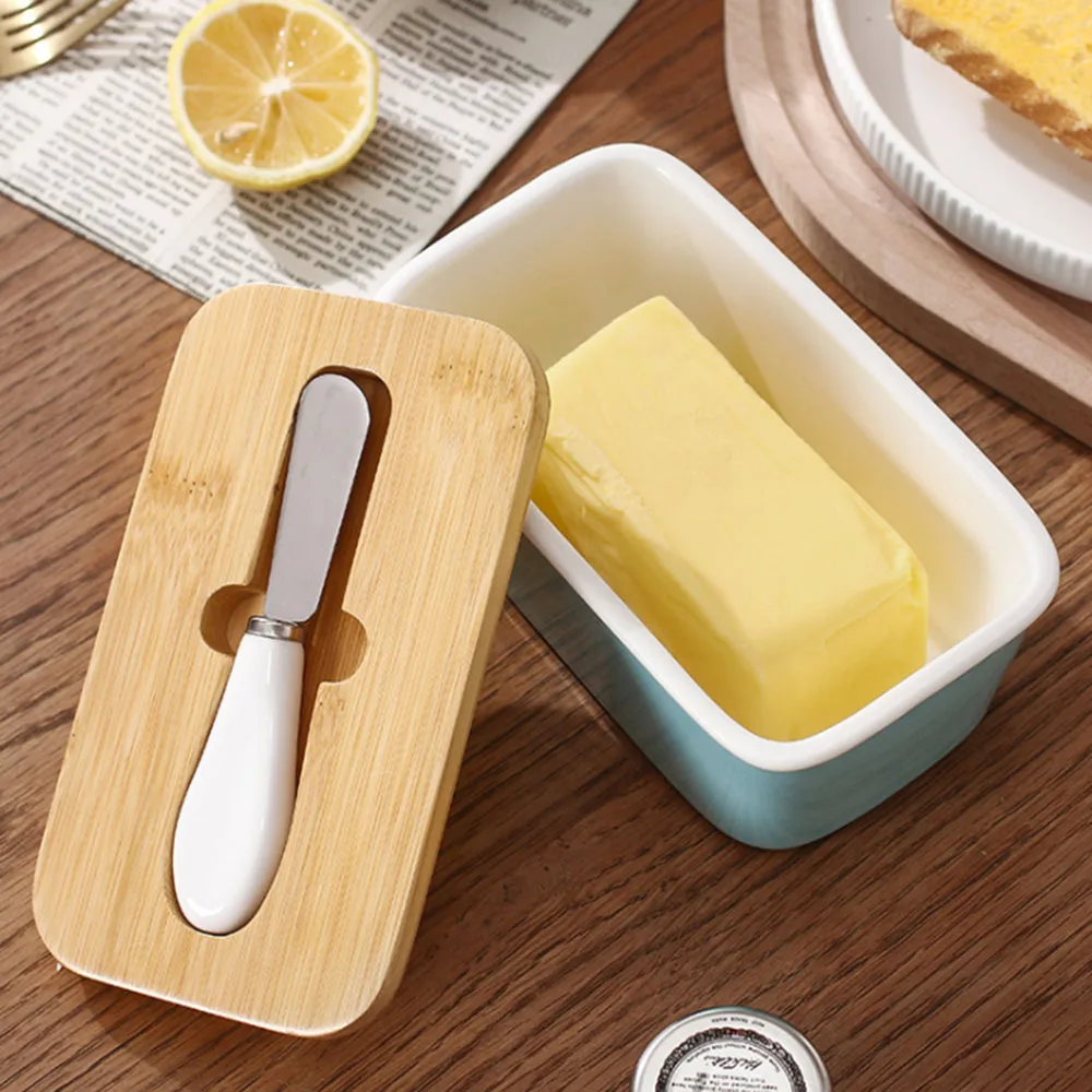 

Butter Sealing Box with Wood Lid and Knife Ceramic Butter Plate Box Cheese Storage Tray Butter Dish Container Box