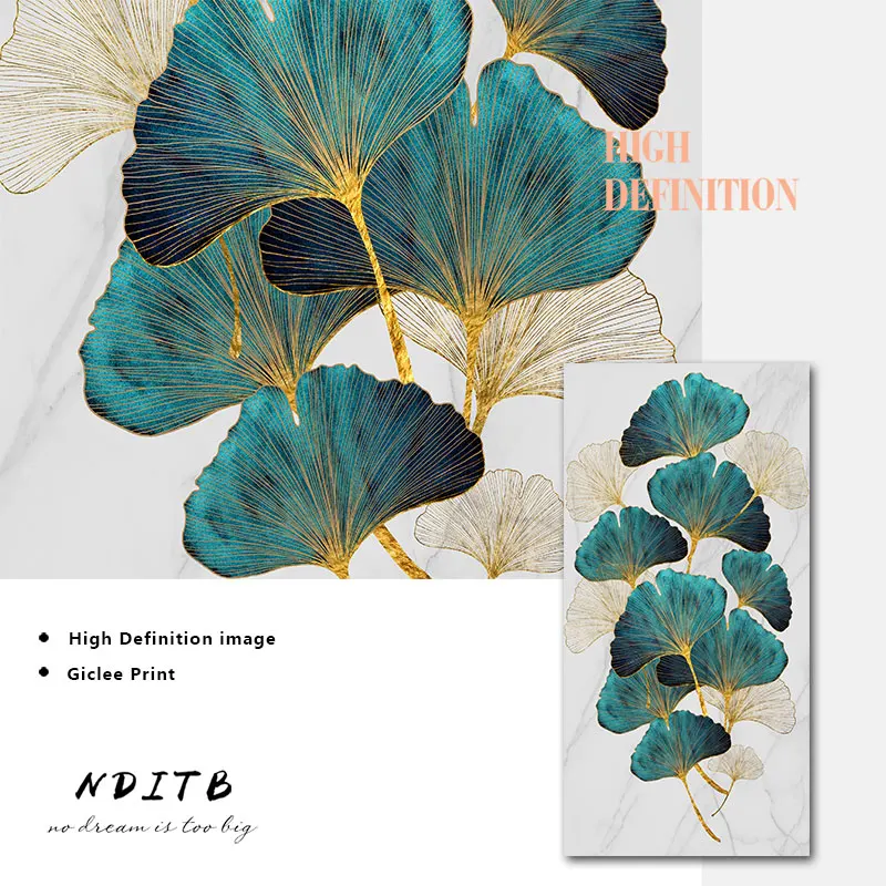 Зеленый золотой растительный лист абстрактный плакат скандинавский холст
