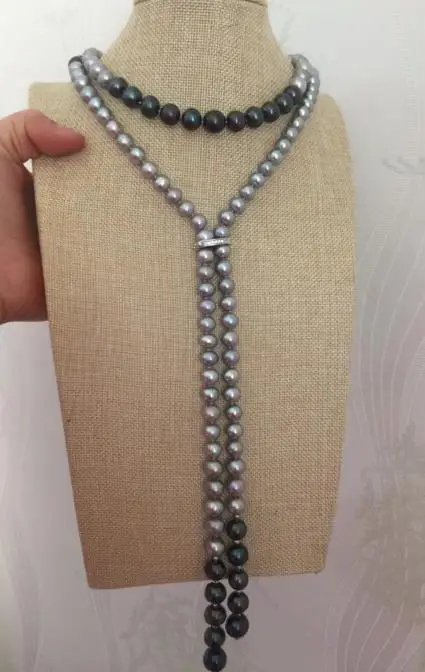 ?? 新デザイン7-12ミリメートルグレーグリーン多色真珠のネックレス48インチ