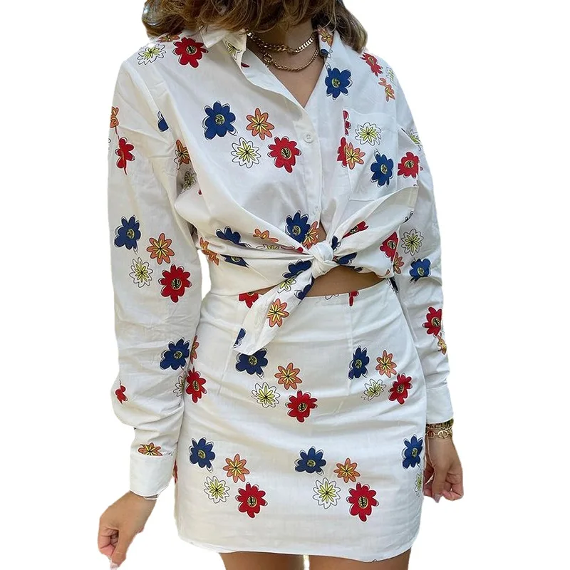 

2021 Woman Floral Dress Sets Long Sleeve Turn Down Collar Single Breasted Flower Tops High Waist Mini Skirt 2PCS Women Clothes
