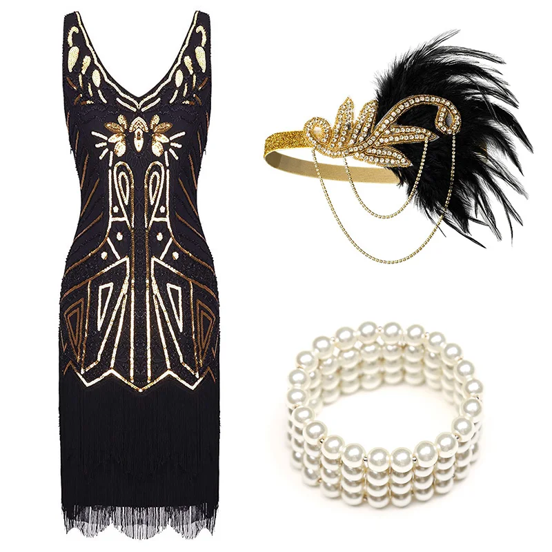 Black Gold Set (C) Женские Хлопушки платья 1920s бисером бахромой платье Грейт Гэтсби w/Набор аксессуаров xs-xxl - Цвет: Black Gold Set (C)
