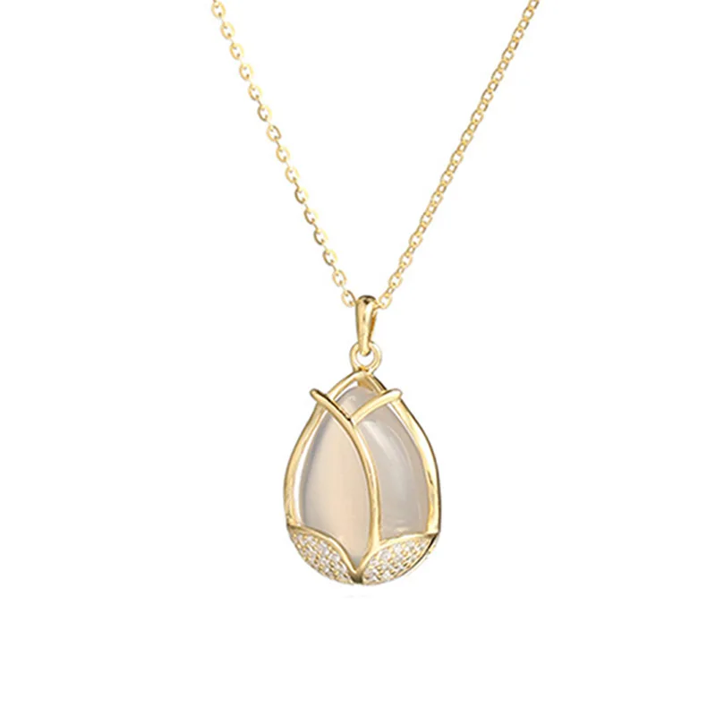 

New Tulip Necklace Female Pendant Chalcedony Cold Wind Net Red Flower Item Jewelry Sterling Silver Necklace