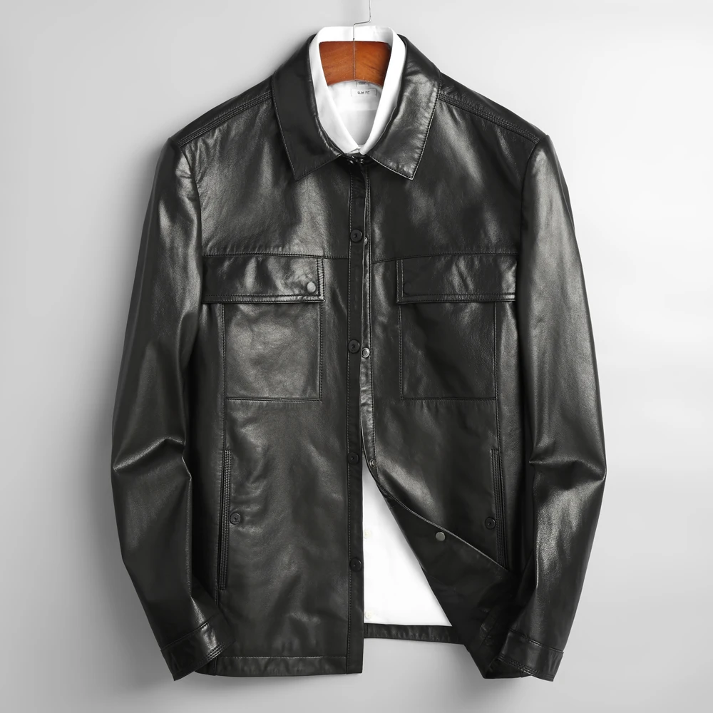 

Black Classic Men Genuine Leather Jacket Autumn Spring Real Sheepkin Coat
