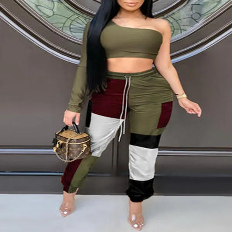 

Women's Suit New Sexy Blouse Color Matching Casual Overalls Fashion Oblique Shoulder Long-Sleeved Commuter Women's Clothing