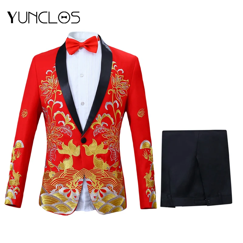 Мужской повседневный костюм с вышивкой зеленый из четырех предметов фруктовым