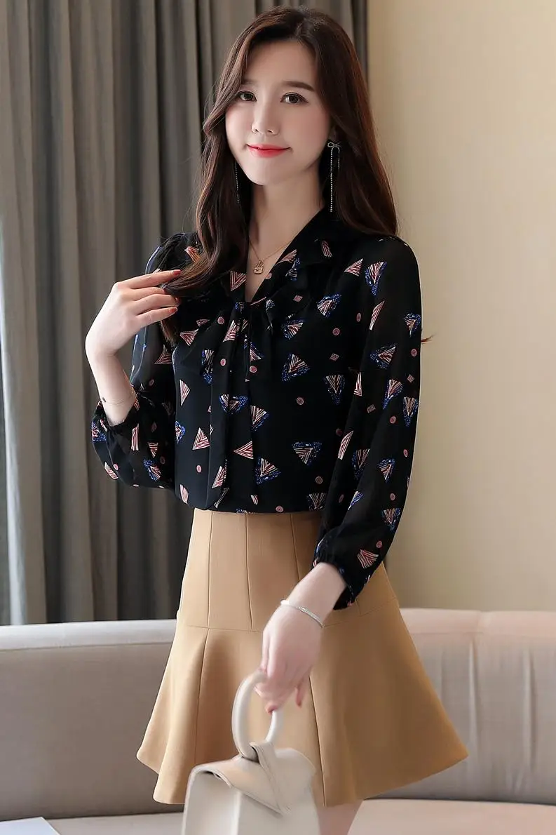 

Houthion Chiffon Shirt Women's Blouses Casual Blouse Printing Tops Spring/autumn Fashion 3/4 Sleeve Top New Lady