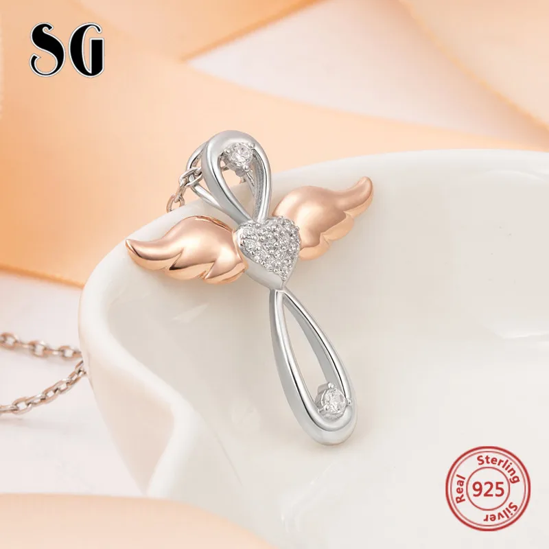 Серебро 925 пробы, крест с ангелами, подвеска, цепочка, ожерелье с CZ& розовое золото, крыло, сделай сам, модное ювелирное изделие для женщин, подарки