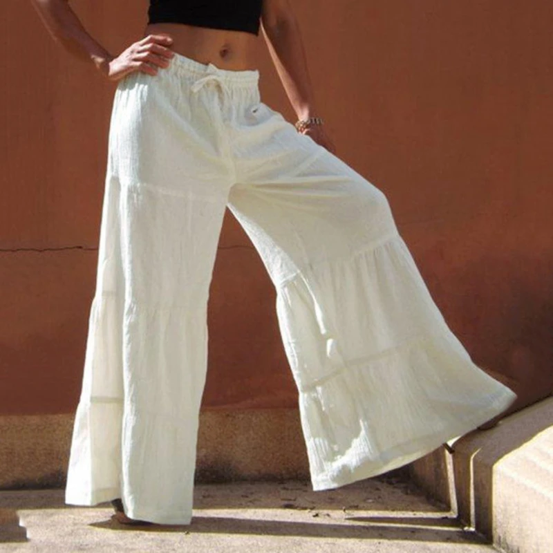 

Vintage Women's Wide Leg Trousers Solid Pants Casual Elastic Waist Long Female