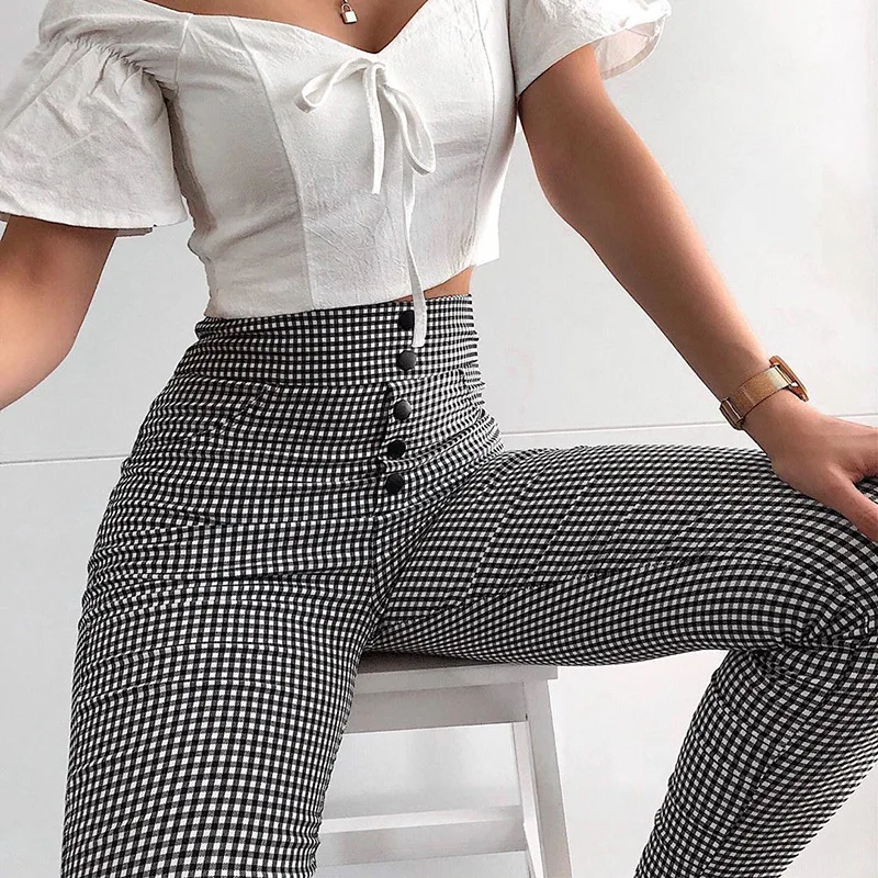 

New High Waist Plaid Pants Women Elegant Trousers Grey Plaid Button Front Ladies Pencil Skinny Pockets Pants Casual Streetwear