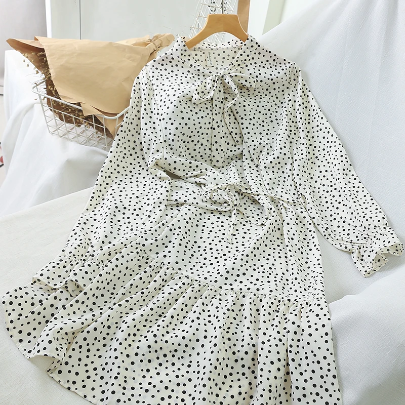 Весеннее женское винтажное ТРАПЕЦИЕВИДНОЕ платье в горошек с высокой талией