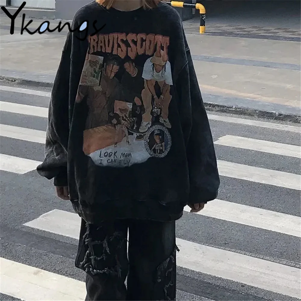 

Gothic Printing Black Loose Trend Sweater Harajuku Bf Dark Style Long Sleeve O-Neck Pullover Spring Autumn Plus Size Streetwear