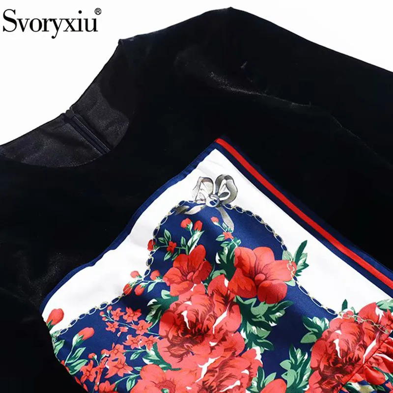 Svoryxiu винтажное черное бархатное лоскутное платье с цветочным принтом на осень и зиму женские модные платья миди с длинным рукавом для подиума