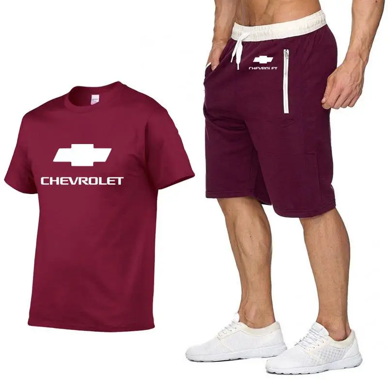 

New men's T-shirt Chevrolet logo printing high quality cotton casual sleeve short men's + pants two piece set