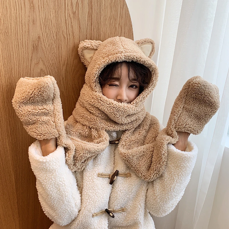 

Winter Hat Women Double Thick Hat Scarf Gloves Fashion One three-piece Korean Version parent-child Thickening Scarf Students