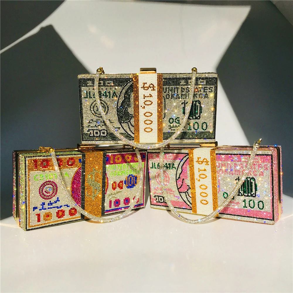 2020 Новые горячие принтом в виде доллара сумка Стразы жесткий мерцание Сияющий
