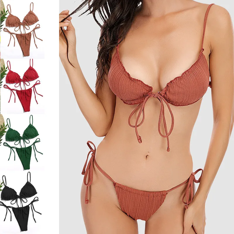 

Low Waist Bikini 2021 Triangle Swimwear Female Tow Pieces Swimsuit Women Print 2 Piece Suit Push Up Bathing Swim With Chest Pad