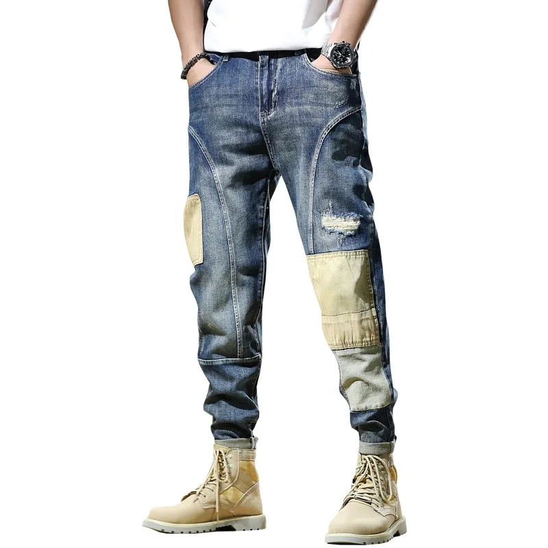 Men Baggy Jeans Streetwear Pants Summer Vaqueros Clothing Hip Hop Fashion Patchwork Ripped Jean Straight Leg Blue Denim Trousers