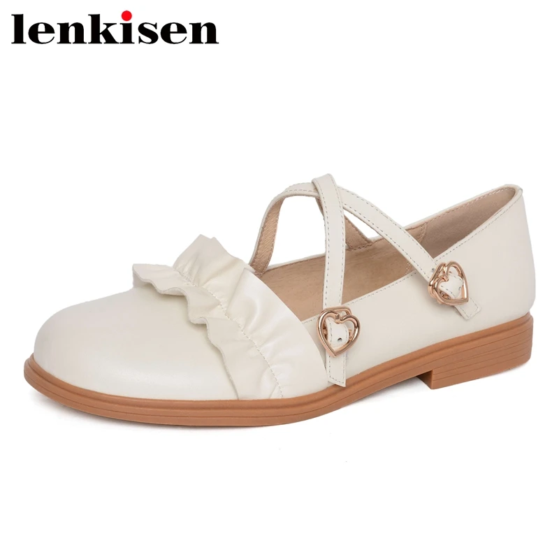 

Lenkisen summer new Mary janes full grain leather round toe low heel women shoes pleated love buckle strap girl dating pumps L91