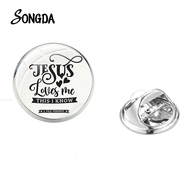 

Jesus Loves Me Bible Quote Glass Brooch Religion Faith High Quality Stainless Steel Coat Lapel Pins Badge Christian Gifts