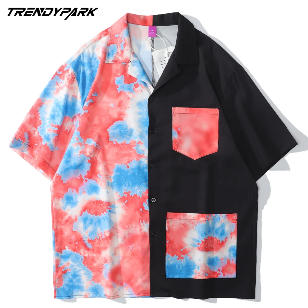 

Shirt for Men Vintage Patchwork Tie-dye Harajuku Short Sleeve Casual Shirt Beach Vacation Oversized Summer Hawaiian Top Shirt