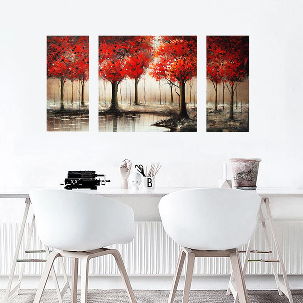 3D Ручная роспись красный лес Тройная картина маслом настенные наклейки Коридор