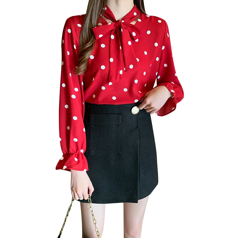 Женские шифоновые блузки в горошек с галстуком бабочкой красные черные белые для