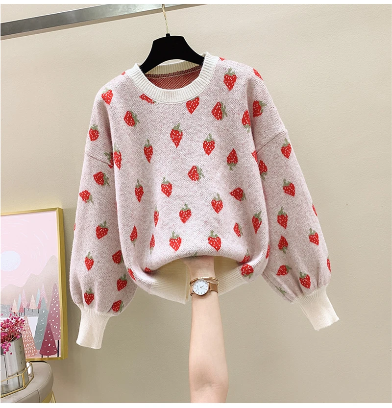 

Kawaii Women's Strawberry Pattern Sweaters Fall Winter New Sweet Casual O-neck Warm Knitted Pullovers Female Warm Loose Tops